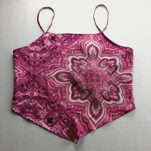 Pleione Womens Crop Top Size Medium Pink Paisley Spaghetti Strap Back Tie